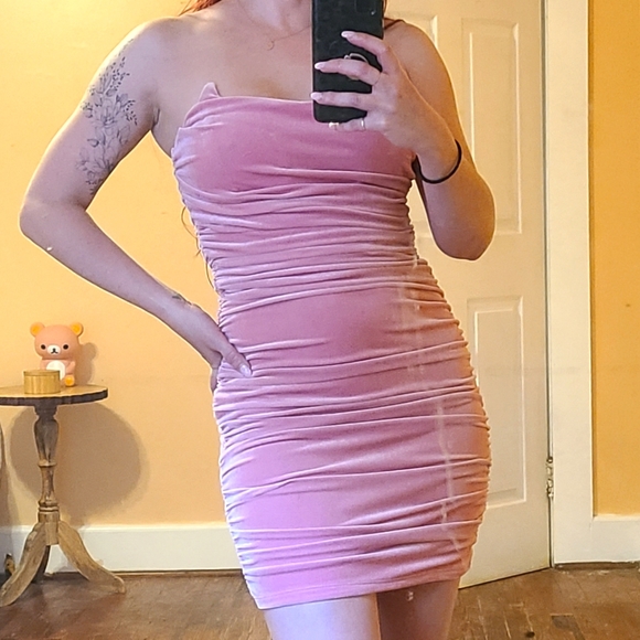 tic toc Dresses & Skirts - Ruched Pink Velvet Mini Dress NWT